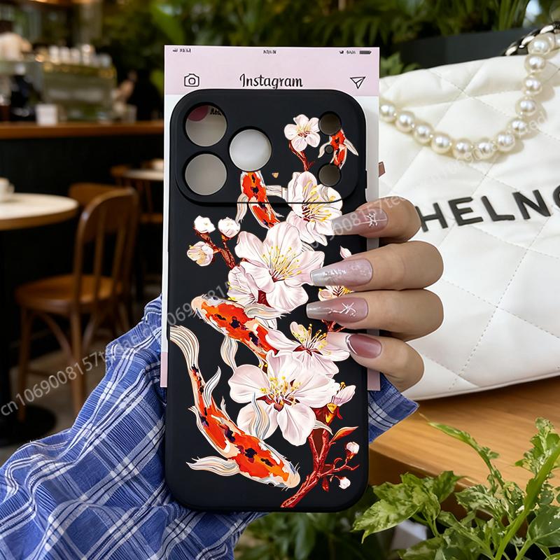 Luckly Koi Goldfish Bloosom Flower Phone Case for IPhone 17 AIR 11 12 13 14 15 16 Pro Max 13Mini Art Koi Carp Soft Silcone Cover