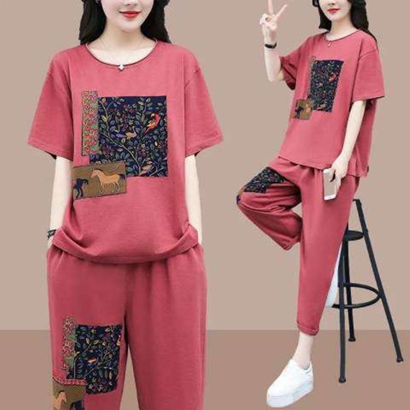 Suit Women's Summer Korean Version of The Large Size Printed Short-sleeved Blouse Women's Casual Loose and Thin Two-piece Suit