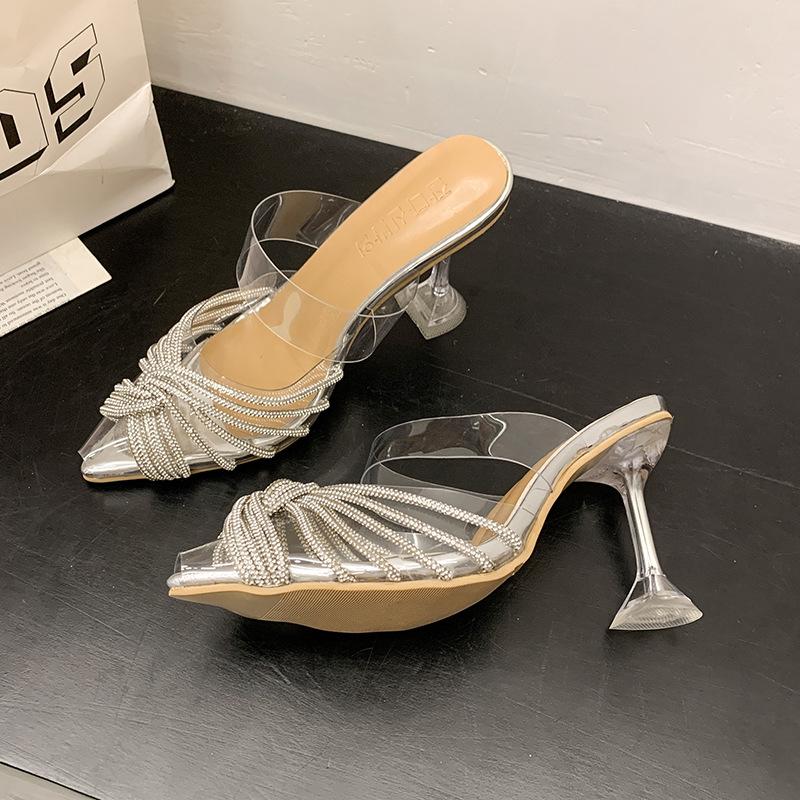 

2025 новый бокал для вина и стразы знаменитость летний сказочный стиль банкетные сандалии прозрачные сандалии женские высокие каблуки острый носок 40