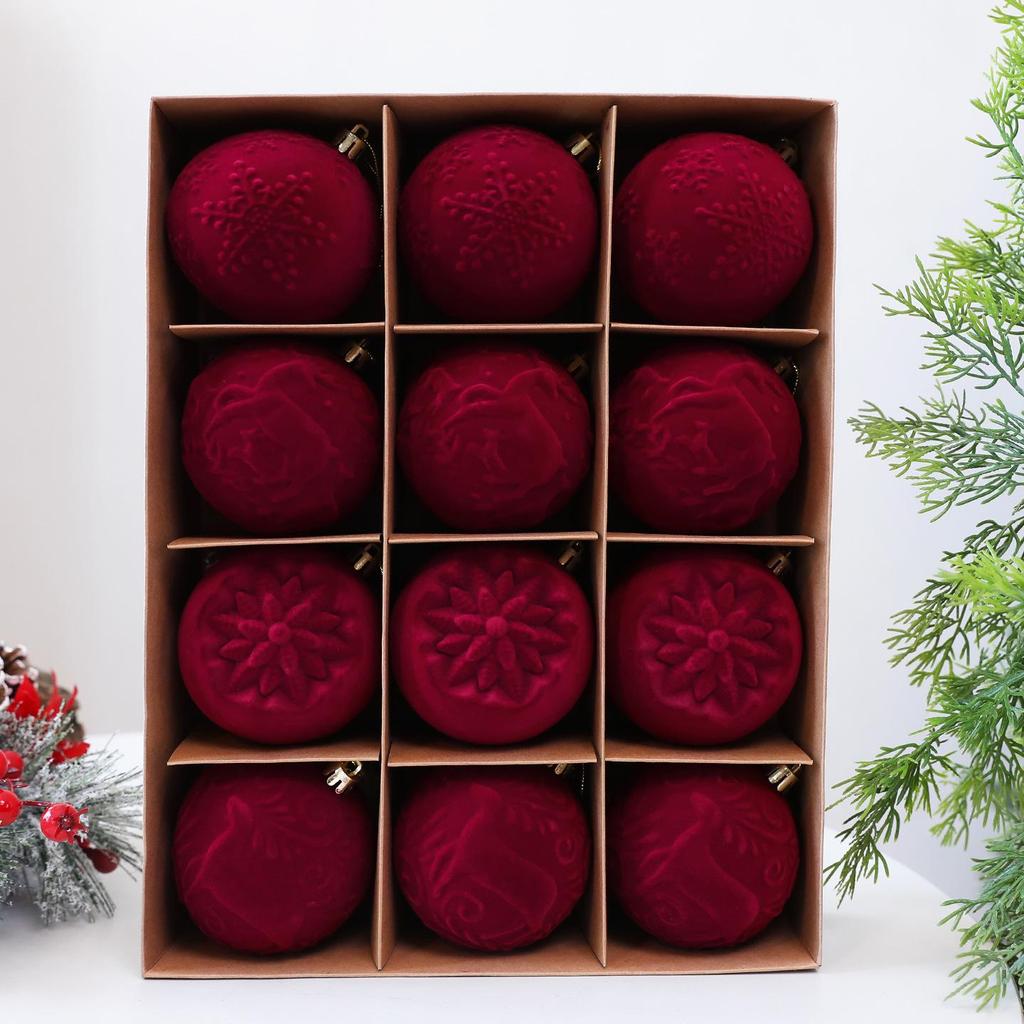 Luxurious 8cm Embossed Flocked Irregular Christmas Ball Set (12-Piece) - Elegant Pendant Decorations in Gift Box
