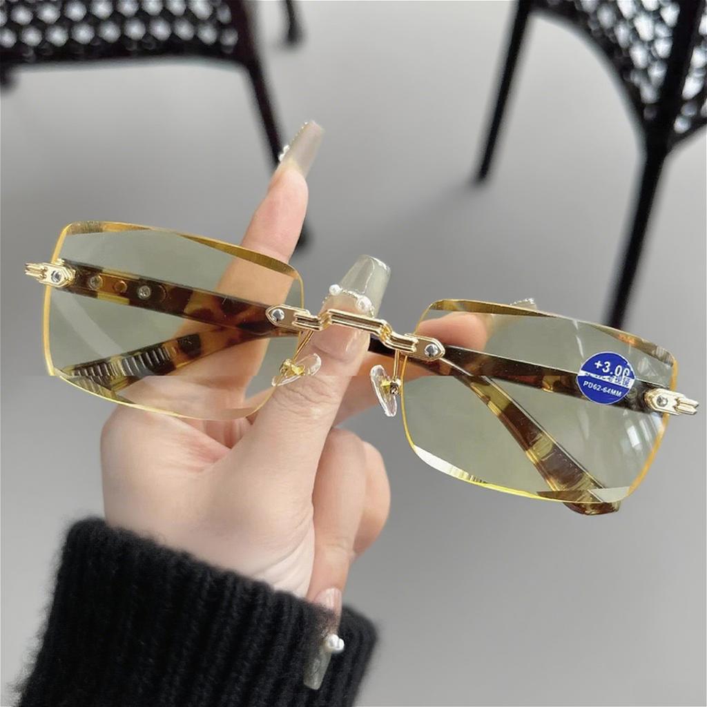 Yellow Lens Rimless Night Vision Reading Glasses High Definition Anti Blue Light Brightening Edge Cutting Glasses diopters +4.0