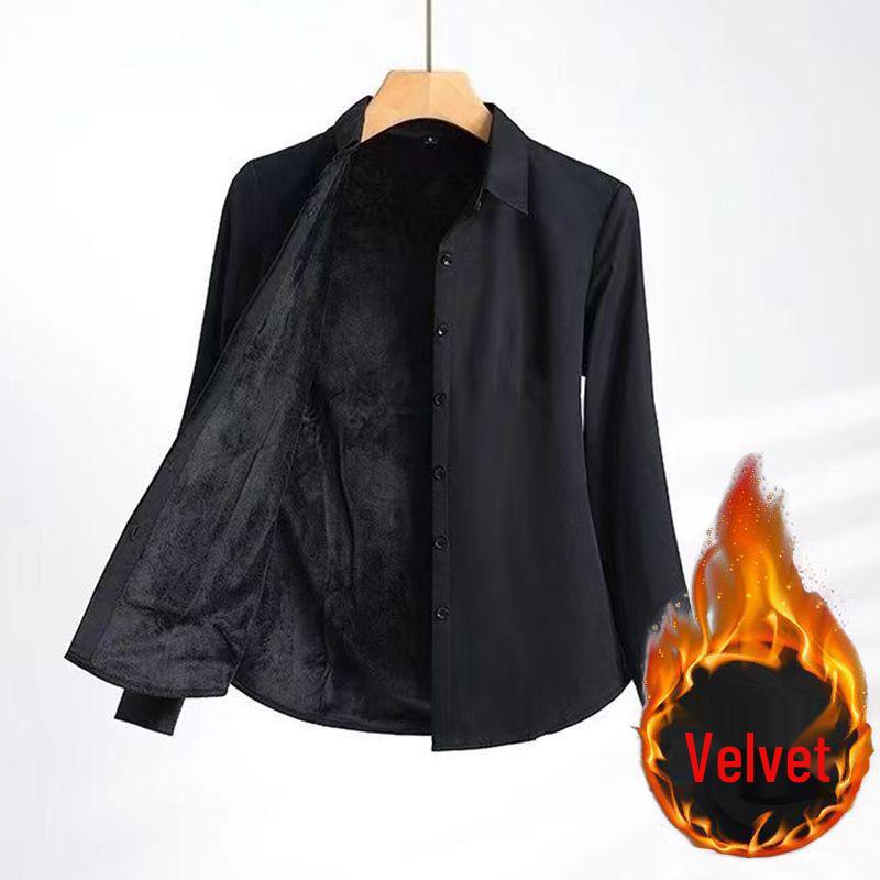 Women's Flocked White Long Sleeve Warm Fleece Shirt - Formal Workwear, Autumn/Winter 2025