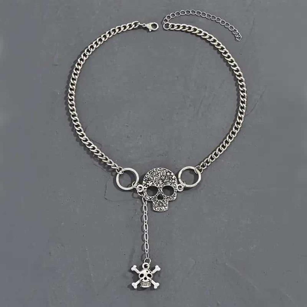 Personality Retro Sliver Color Skull Symbol Tassel Pendant Double-ring Hollowed-out Skull Face Collar Necklace for Women Jewelry