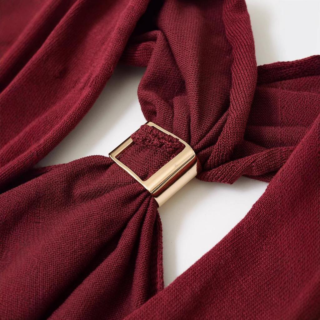 European & American Women's Fashion 2025: Versatile Gold-Tone Embellished Halter Neck Knitted Top