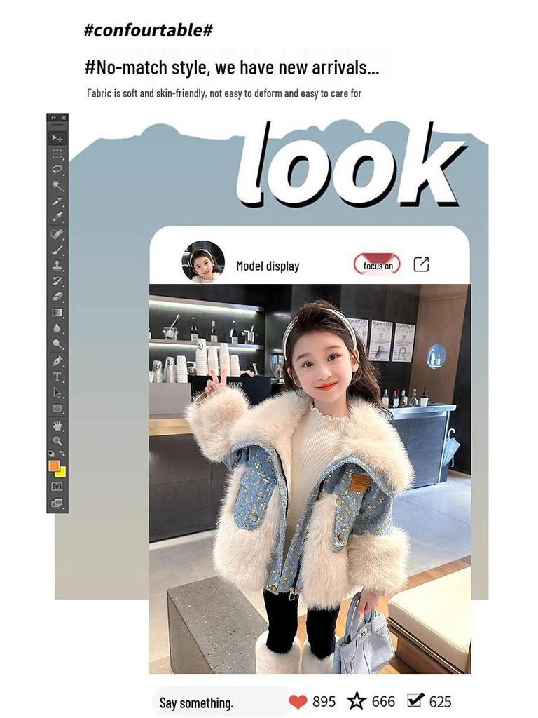 Girls' Fashionable Denim Fleece-lined Jacket - Autumn/Winter 2025 Faux Fur Coat for Children