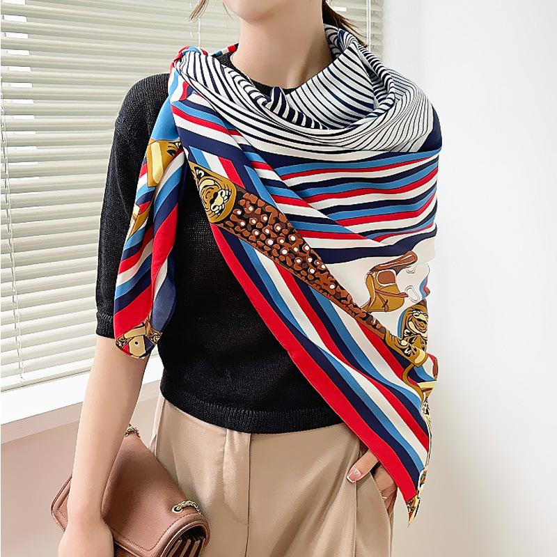 130cm European Retro Geometric Stripe Horse Head War Horse Women's Fashion Decoration Scarf Silk Scarf