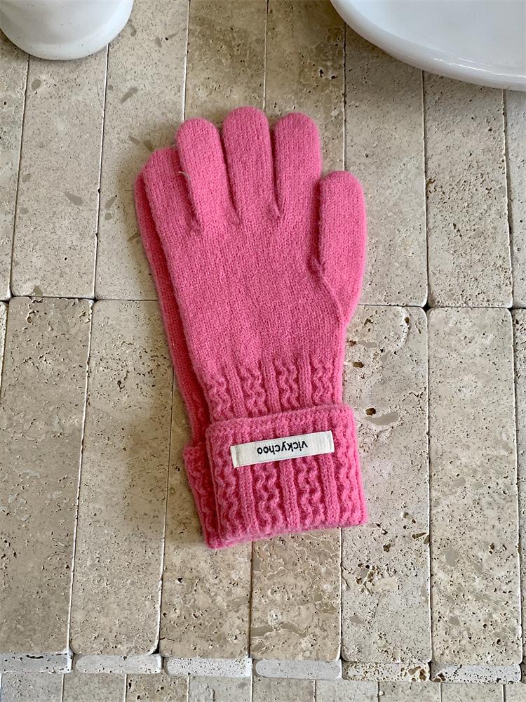 Women's Pink Wool Blend Knitted Gloves - Korean Style Cute Windproof Winter Cycling Gloves
