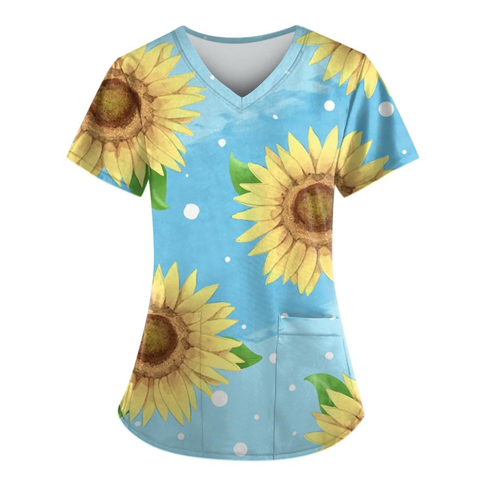 Nursing Uniforms for Women Simple Sunflower Pattern Clinical Uniforms Short-Sleeved V-Neck Fashion Prints Surgical Uniform 2025