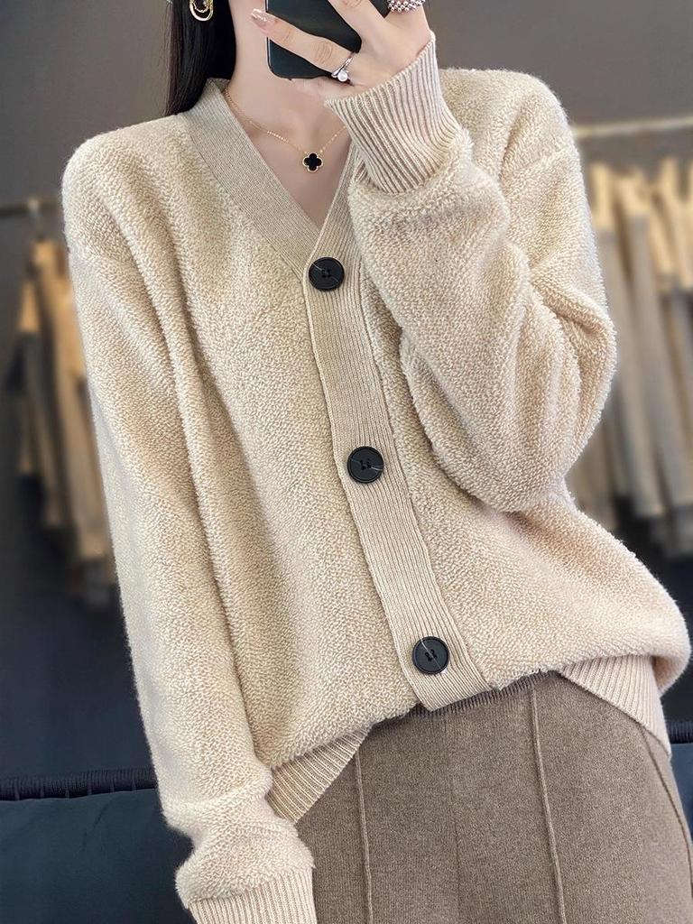 Women's Korean Style 100% Wool V-Neck Cardigan - Loose, Fashionable, Slimming Sweater