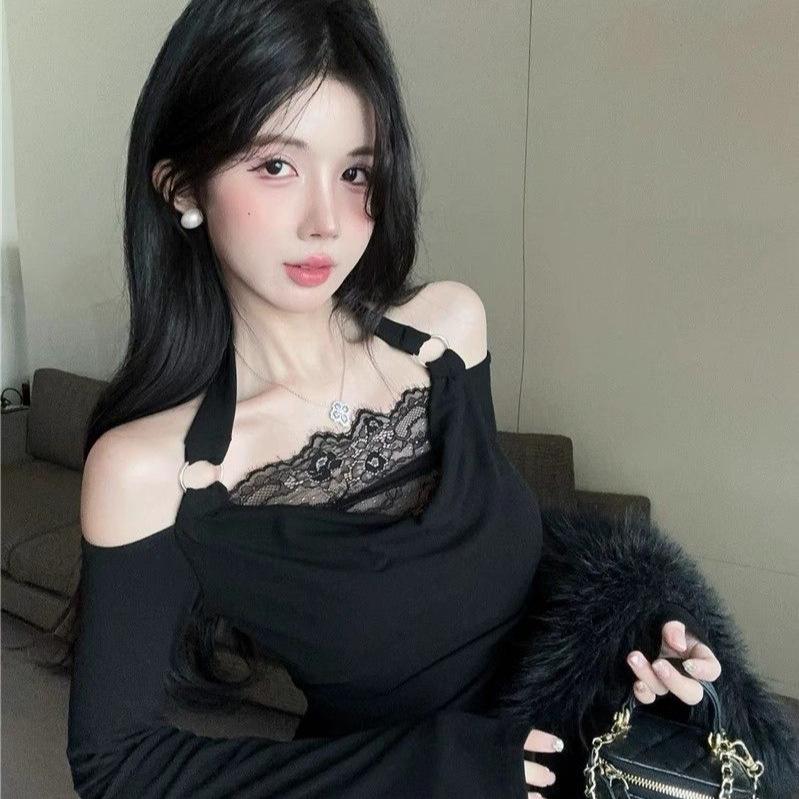 Autumn Off-Shoulder Cowl Neck Long Sleeve Halter Top