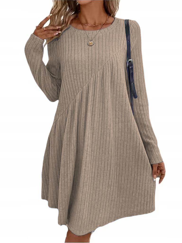 Women's Long Sleeve Knit A-Line Dress with Vertical Stripes