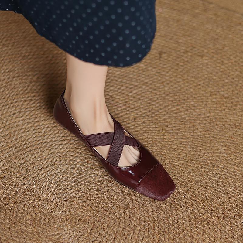 Krazing Pot Cow Skin Spring Summer Size 41 Horsehair Thick Low Heels Women Square Toe Basic Clothing Shallow Pumps