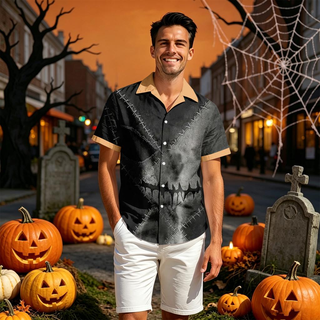 Men's Casual Short Sleeve Shirt with Halloween Print for Parties and Everyday Wear