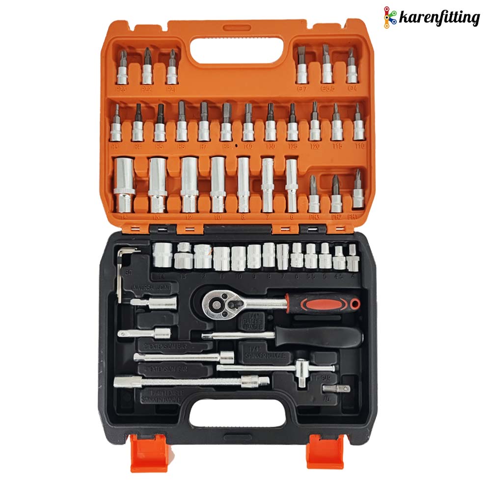 53-Piece Auto Repair Kit with 1/4 Inch Ratcheting Wrench and Carbon Steel Socket Hard Case Box Storage for Car Repair Tools