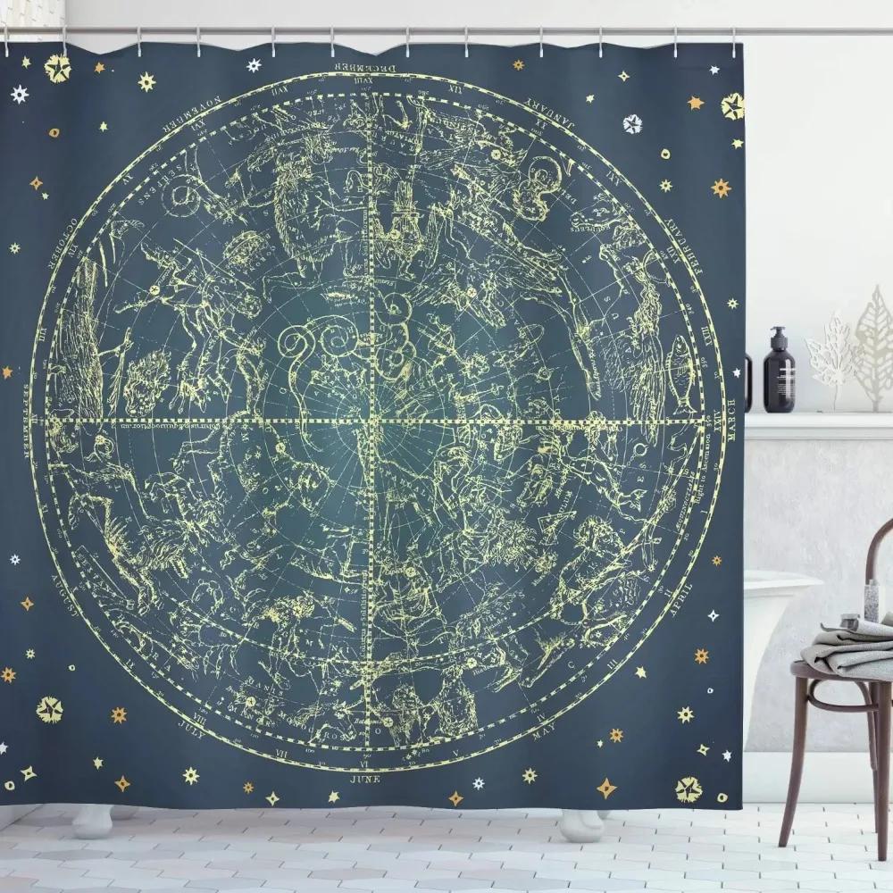 Astrology Shower Curtain Planetarium Themed Astronomical Image of Constellations with Horoscopes Cloth Fabric Bathroom Decor Set