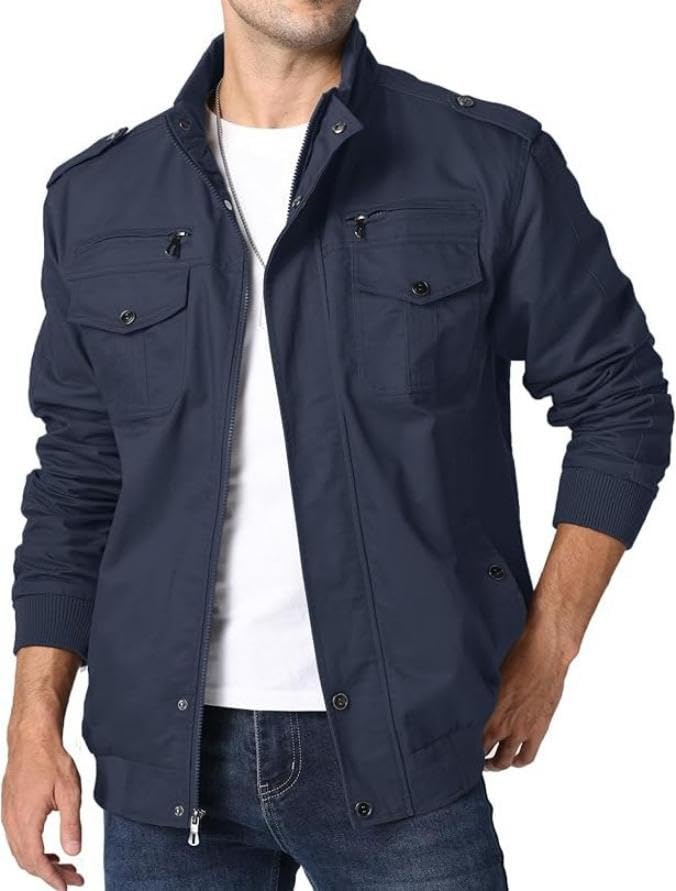 KEFITEVD Jaqueta de Inverno Casual Leve Estilosa do Exército com Tamanho Padrão Roupa de Primavera Jaqueta Masculina, Bolsos, Gola, Azul Marinho, 3XL, Roupa de Trabalho,