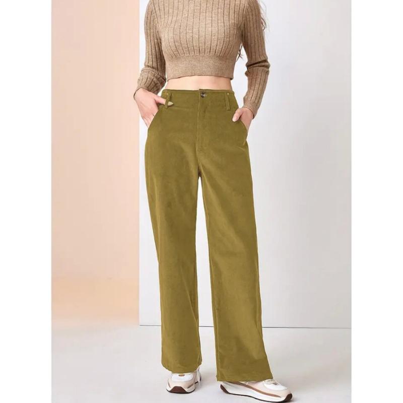 Women Autumn Winter High Waist Corduroy Straight Pants, Draped Slim‑Fit Casual Long Trousers Multi‑Color Wide Leg Bottoms For Daily Street Outfit