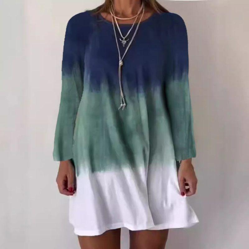 

Fall and Winter European and American Amazon Temu Independent Station Cross-Border New Arrival round Neck Gradient Printing Long Sleeves Dress Female Blue S