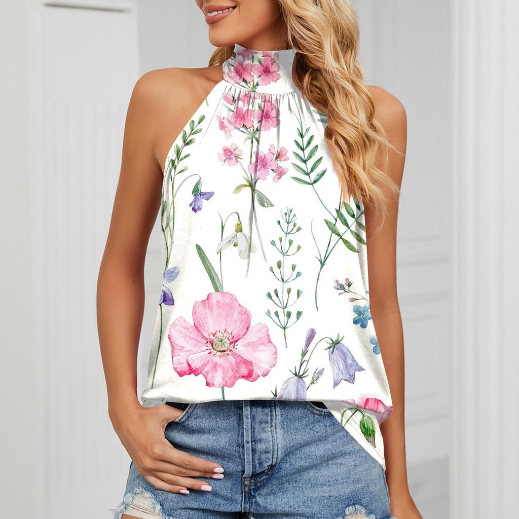 Women's Sexy Round Neck Pleated Vintage Flower Print Sleeveless Strappy Tank T-Shirt Tops