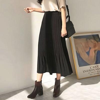 Spring Summer Women Skirts Fashion Female Solid Vintage Elastic High Waist Loose Casual Midi Chiffon Skirts A-line Pleated Skirt
