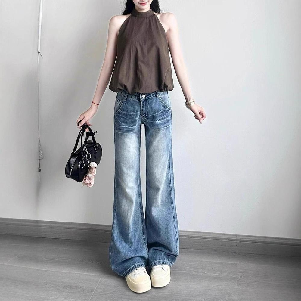 Comfortable Micro Flare Trousers Washed Blue Jeans Women's Large Yards Old Design Sense Loose Wide Leg Trousers Jeans for Women Long Denim Pants