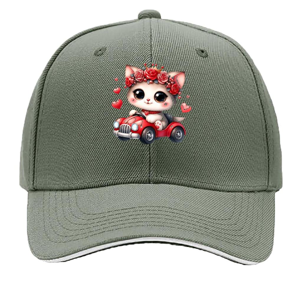 Cute Kitten Driving Red Car Heart Rose Crown Sandwich Baseball Cap Unisex Women Sun Cap Outdoor Workouts Hat