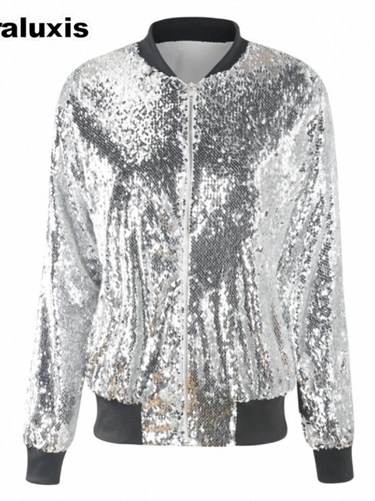 Giacca da Donna Autunnale con Paillettes Taglie Forti Camicia Baseball Larga con Perline Cappotto per Donna