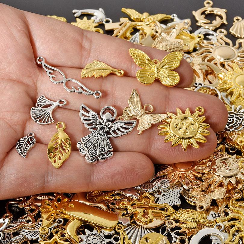 Mix Charm Metal Gold/Silver Color Animal Sun Angel Leaf DIY Pendant Charms For Jewelry Making Bulk Vintage Materials Accessories