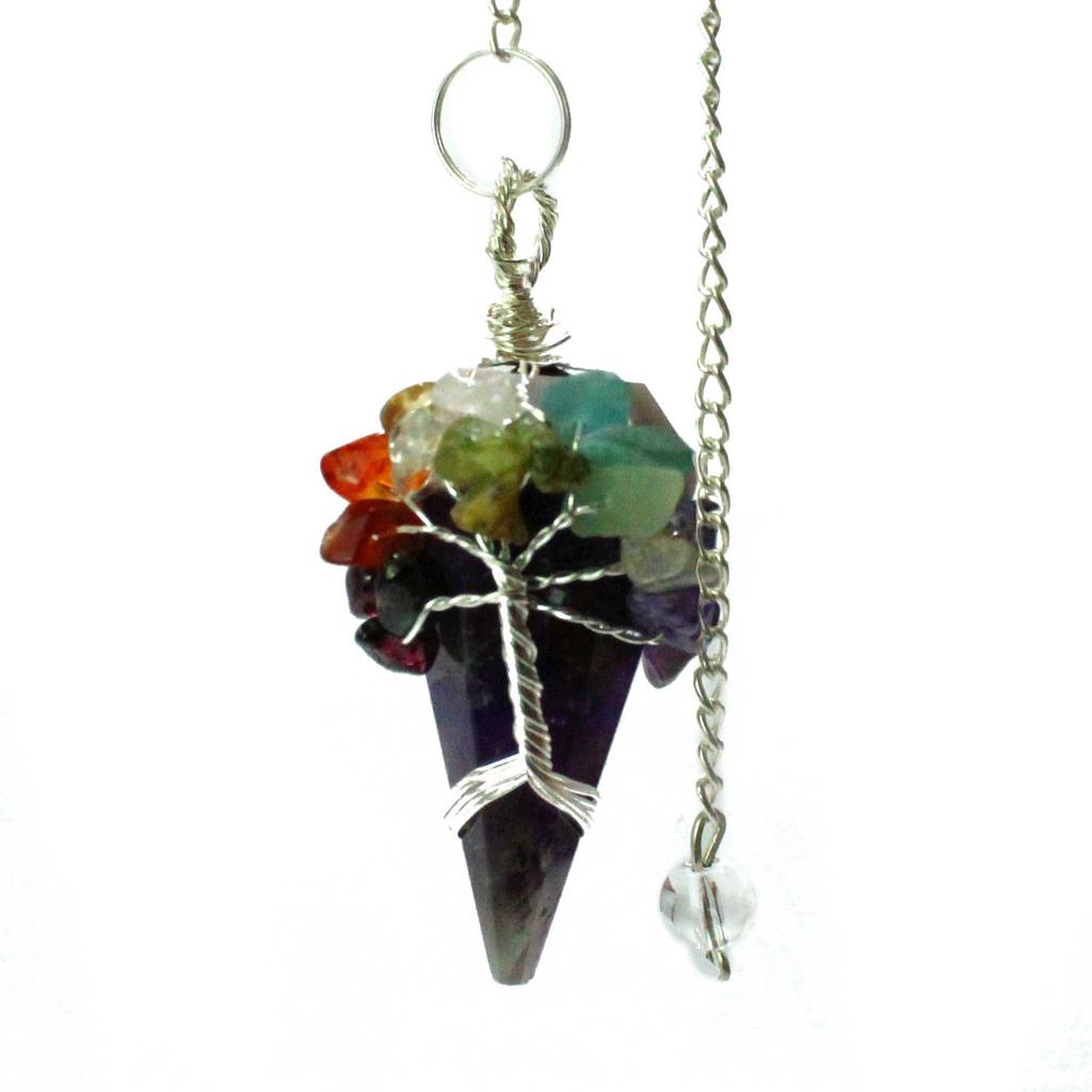 Pendule en Cristal d'Améthyste avec Perles Sept Chakras