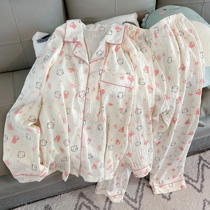 Women's Spring & Autumn Cloud Cotton Pajama Set - Thin Print & Embroidery, Loose Fit, Long Sleeve & Pants Home Wear.