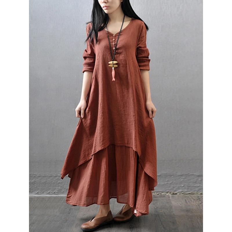 Rochie Midi Boemă de Vară Vintage Femei Elegantă Solidă Stratificată Mânecă Lungă Rochii Modă Largă Gât în V Casual Streetwear Vestidos