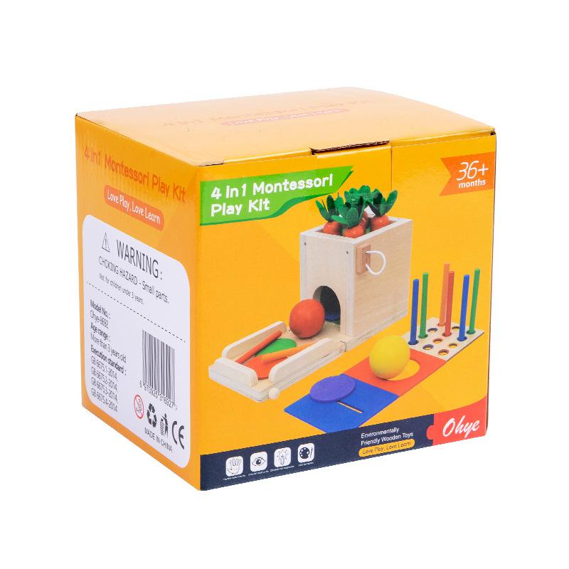 Wooden Montessori Early Education Teaching Aids Four-In-One Radish Pulling Coin Throwing Multi-Functional Intelligence Box Toy