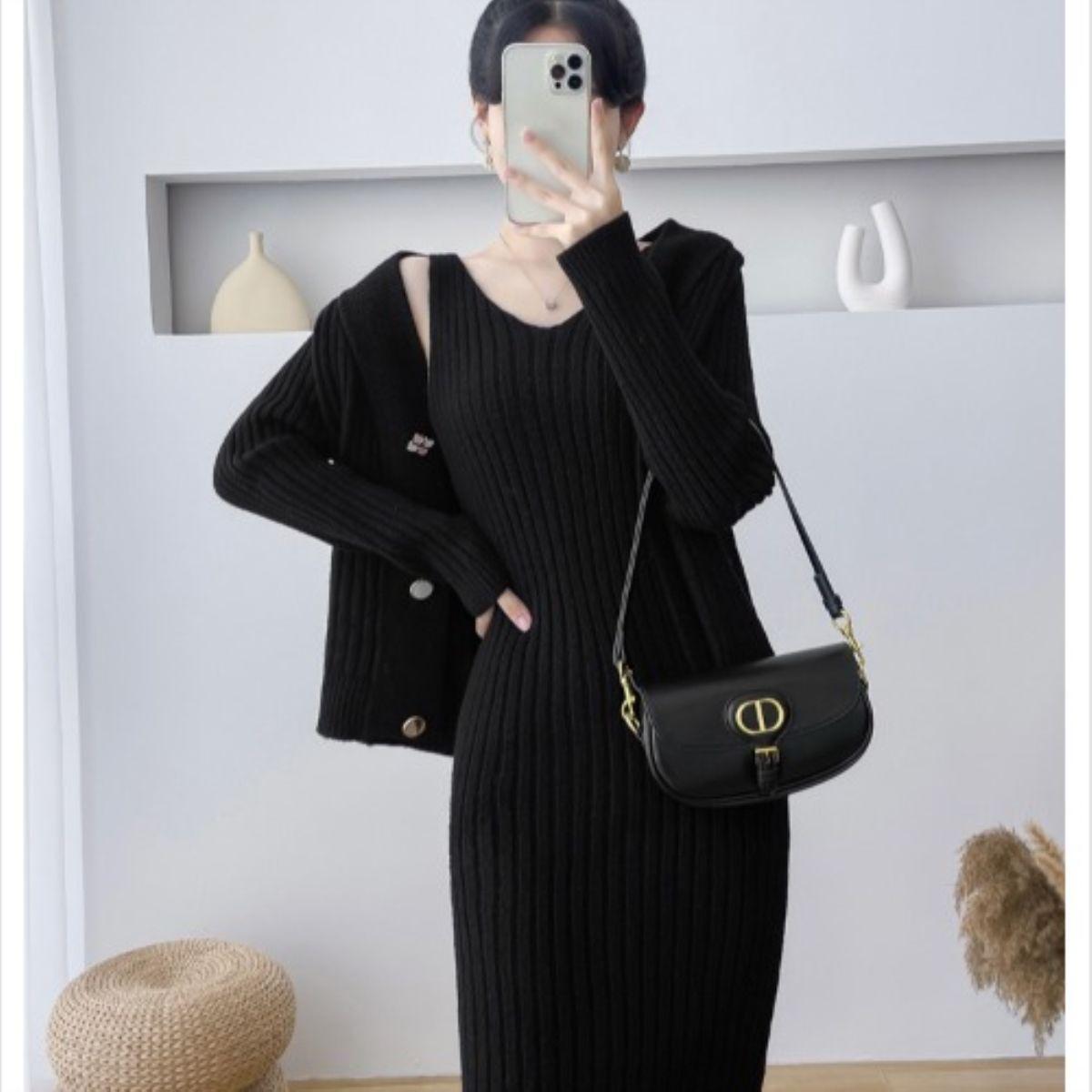 

Вязаный кардиган с V-образным вырезом + платье-свитер на бретелях, комплект из двух частей, женское трикотажное платье без рукавов L чёрный