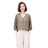 Women's Summer 2025 V-Neck Embroidered Ramie Blouse - Elegant Seven-Sleeve Design for Middle-Aged Ladies