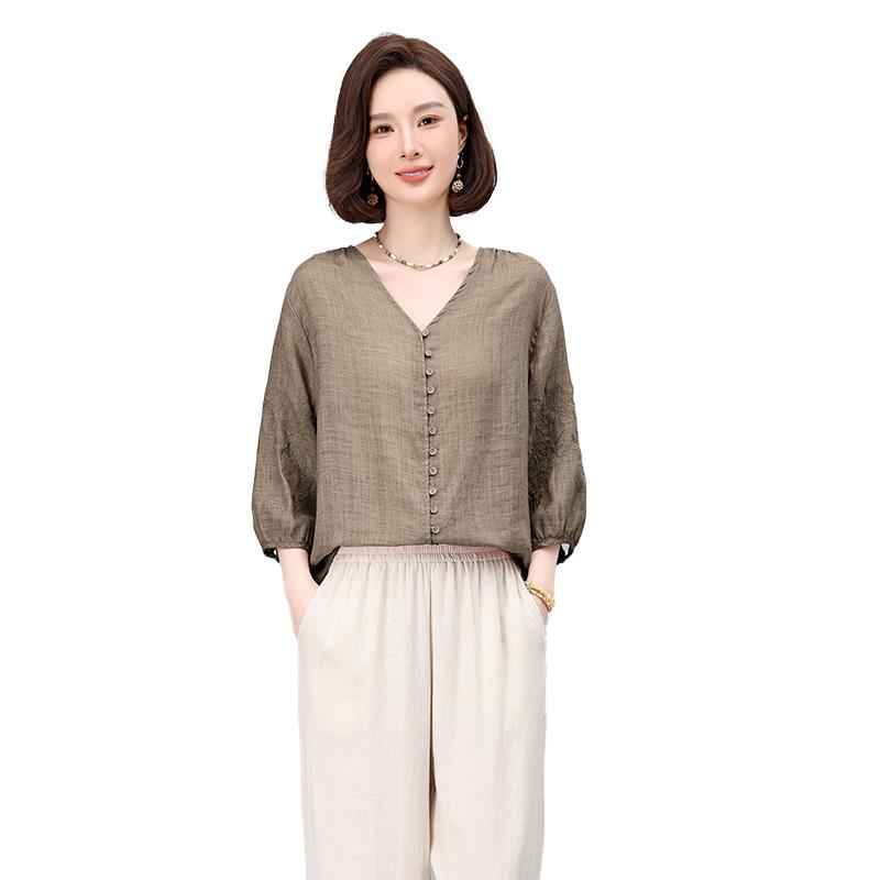 Women's Summer 2025 V-Neck Embroidered Ramie Blouse - Elegant Seven-Sleeve Design for Middle-Aged Ladies