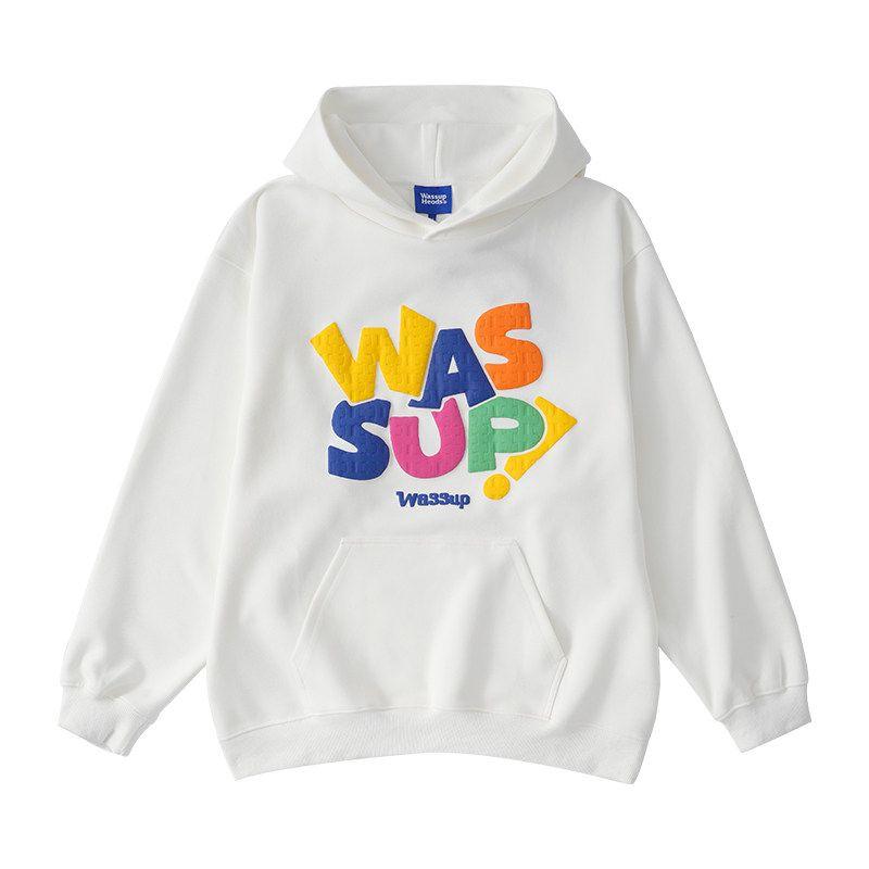 

Wassup Trendy Brand Hand-Painted Foam Letter Sweatshirt for Men, Hooded, Autumn and Winter, American Style, Heavyweight, Niche Top Jacket White M