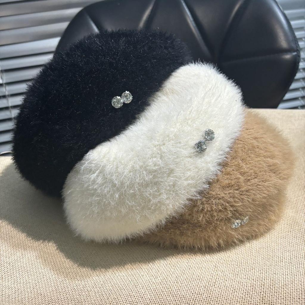 Diamond Pattern Rabbit Fur Beret For Women Plush Knitted Thickened Warm Winter Artist Hat Elegant Autumn Casual Cloche