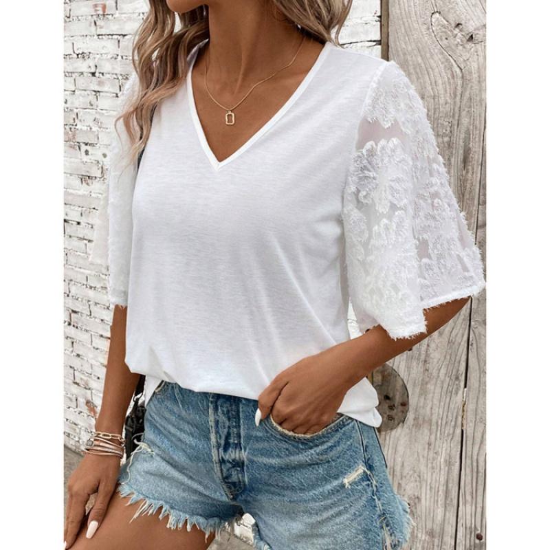 2026 Summer New V-neck Lace Sleeve Loose Women's Casual Solid Color T-shirt
