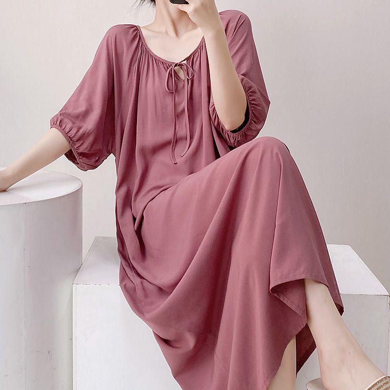 2026 Women's Cotton Silk Nightgown: French Style, Round Neck, Casual, Breathable, Thin V-Neck, Wearable Outdoors