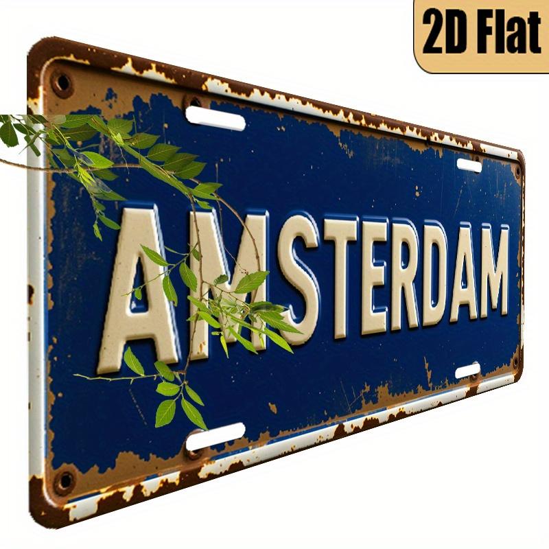 

D Flat Printing Vintage Distressed AMSTERDAM with Rustic Blue Background Illustration Aluminum Tin Painting License Plate St 15x30cm(5.9x7.8inch)