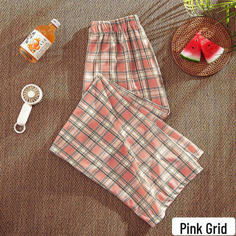Women's Summer Plaid Trousers Loose Elastic High-Waist Wide-Leg Pants