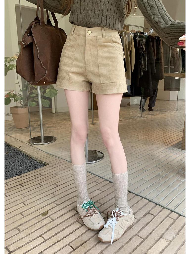 Women's 2025 Retro Suede Wide-Leg Shorts - Casual Winter Bootcut with Large Pockets