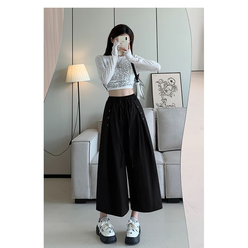 

Европейские и американские женские эластичные комбинезоны больших размеров с высокой талией из тенселя и хлопка в стиле ретро на кулиске, укороченные кюлоты с широкими штанинами M-5XL Black XL