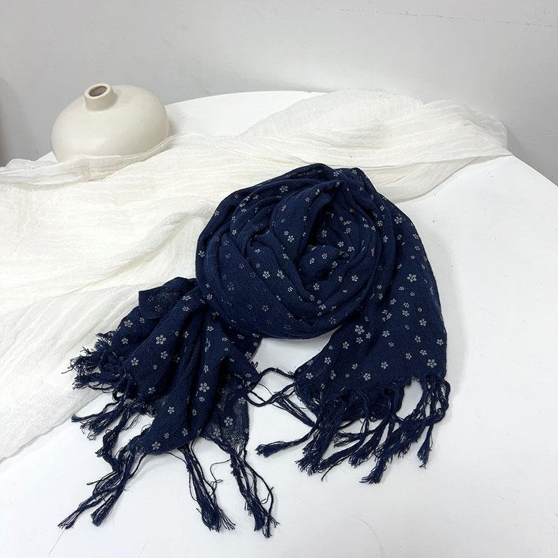 Frühlings- und Sommer Marineblau Blumenmuster Baumwolle Leinen Schal Dünn Atmungsaktiv Mode Schals