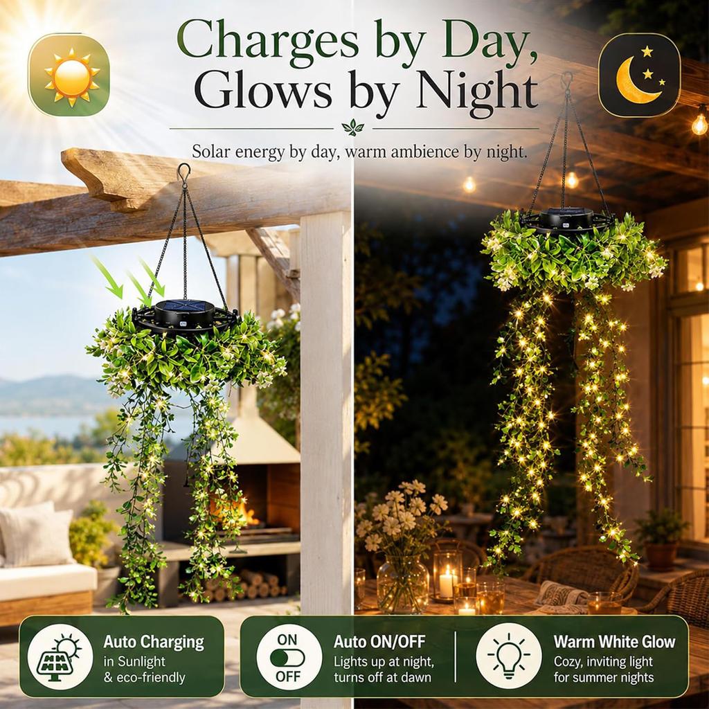 Solar LED Artificial Plant Hanging Lights IP65 Waterproof Hanging Plant Lamp for Porch Yard Patio Spring Garden Decorations