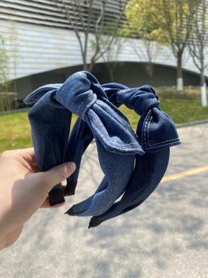 New Denim Bow Headband Retro Pressed Fabric Headband Women's Simple Wide-Brimmed Hair Accessory