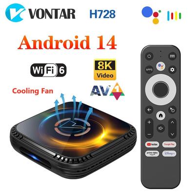 Android 14 Smart TV Box Με Ανεμιστήρα Ψύξης VONTAR H728 Υποστήριξη AV1 8K Βίντεο 4K 60fps Gigabit Ethernet Wifi6 Φωνητικό Τηλεχειριστήριο Google Set Top Box