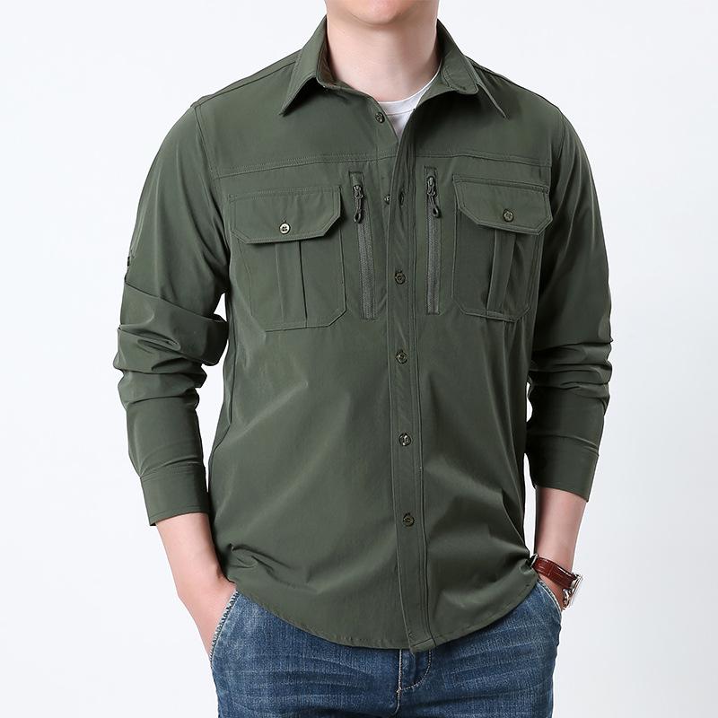 Men's Quick-Dry Military Tactical Outdoor Shirt, Long-Sleeve, Elastic, Breathable, Multi-Pocket Workwear for Spring & Autumn