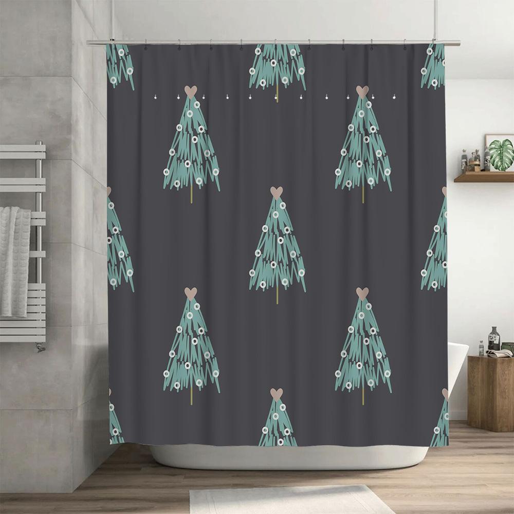 Blue Christmas Tree Shower Curtain with Heart Shaped Top Design for Bathroom Decor Waterproof Fabric Decoration (86x174cm)