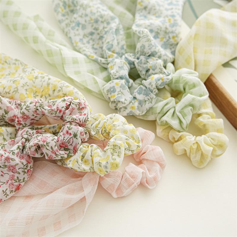 Chip Flower Grid Print Bow Hair Scarf Hair Scrunchies Chiffon Floral Scrunchie Hair Bands Ponytail Holder Scrunchy Ties 34cm 1Pc